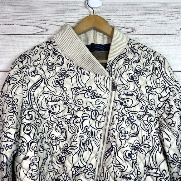 Odri White Blue Abstract Quilted Full Zip Feather Down Jacket Women's Si… - Picture 3 of 13